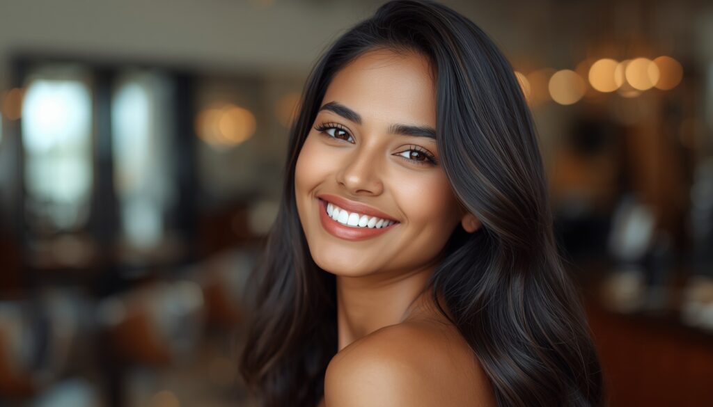 lucid origin happy indian woman with shiny healthy hair confident smile luxury salon backgrou 0