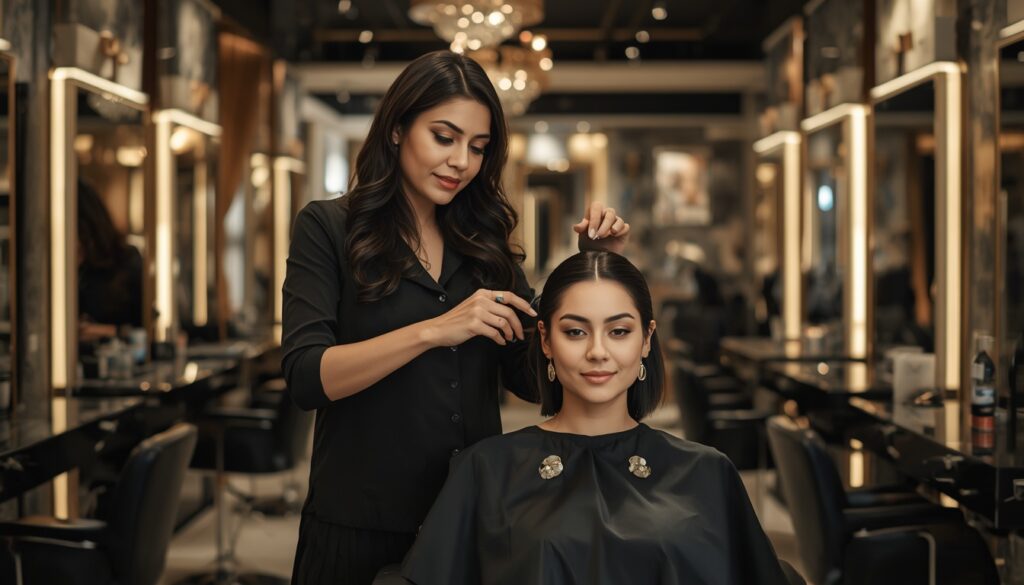 lucid origin professional indian hairstylist working with female client in luxury salon moder 0