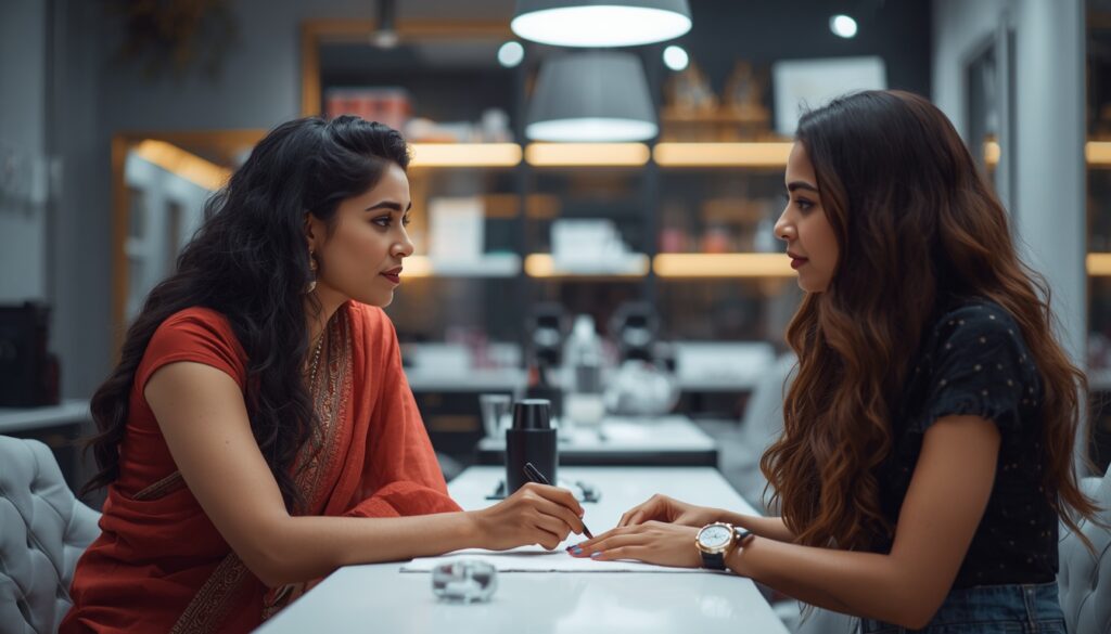 lucid origin a cinematic photo of indian nail technician consulting with female client in mod 0
